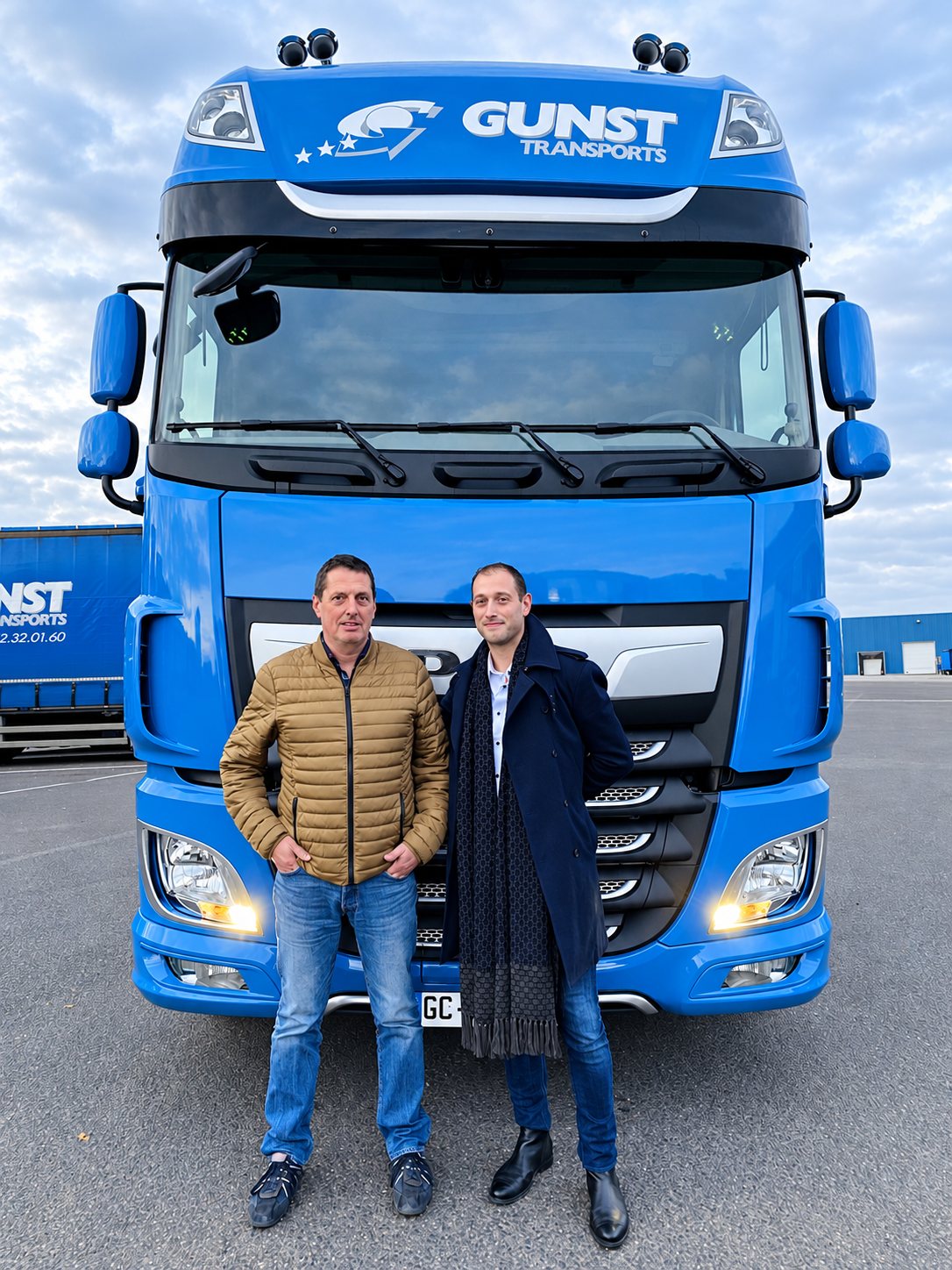 Deux hommes posent côte à côte devant la calandre d'un camion bleu portant le nom Gunst Transports, sur un parking.