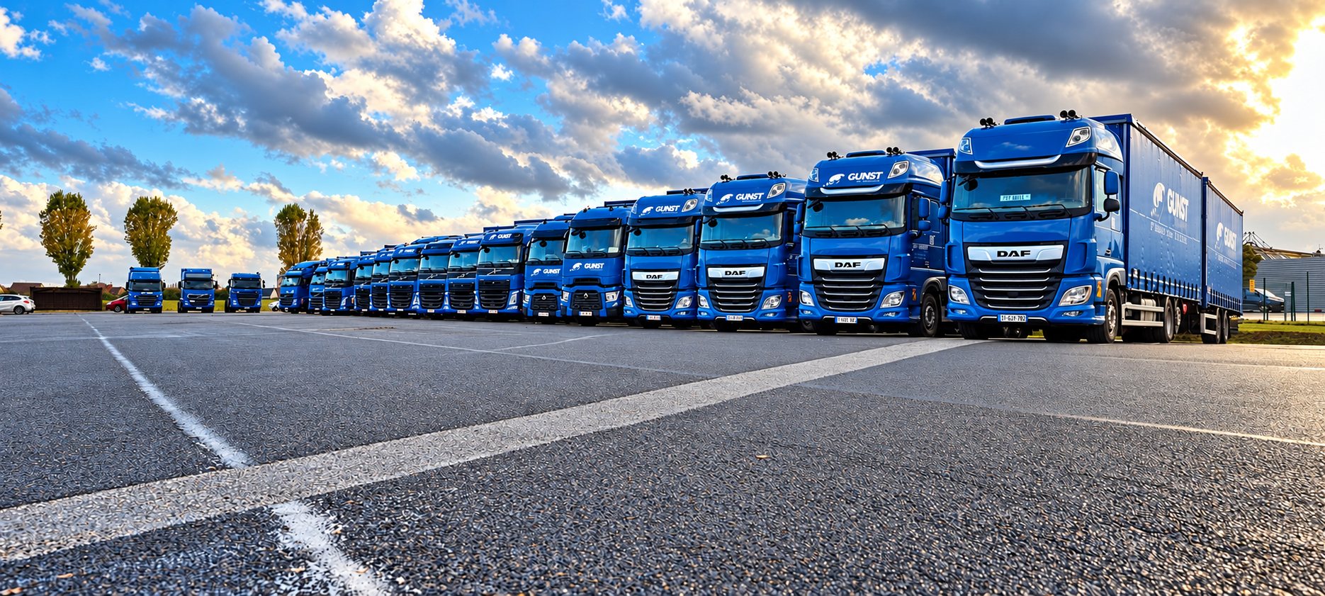Une longue file de camions bleus DAF de la flotte Gunst alignés sur un parking, sous un ciel nuageux au soleil couchant.
