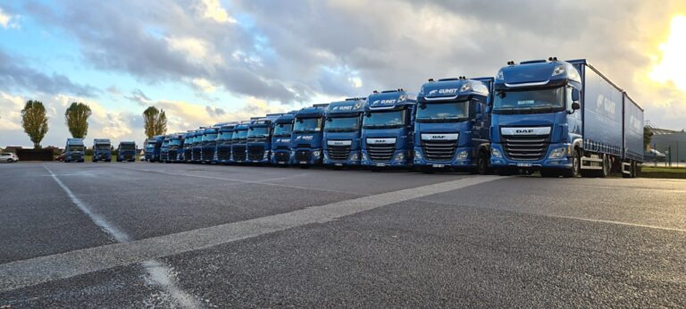 Une longue rangée de camions bleus de la marque DAF stationnés côte à côte sur un grand parking goudronné sous un ciel nuageux.