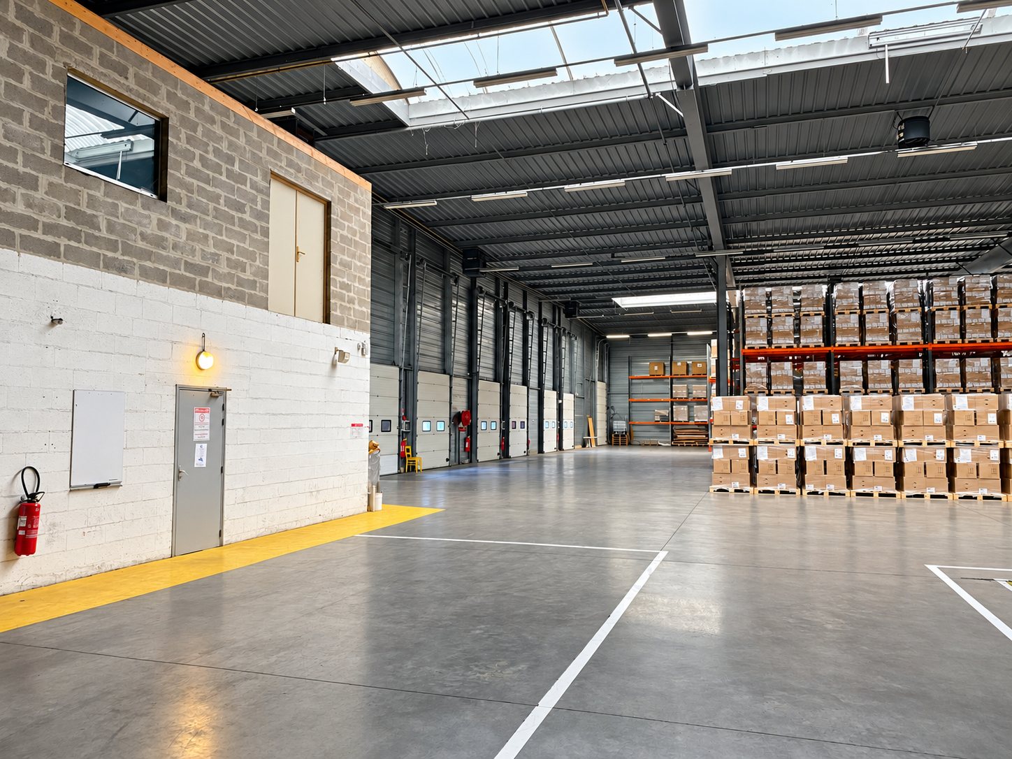 Vaste entrepôt au sol en béton avec des palettes de cartons empilées sur des racks à droite et des portes de quai au fond.
