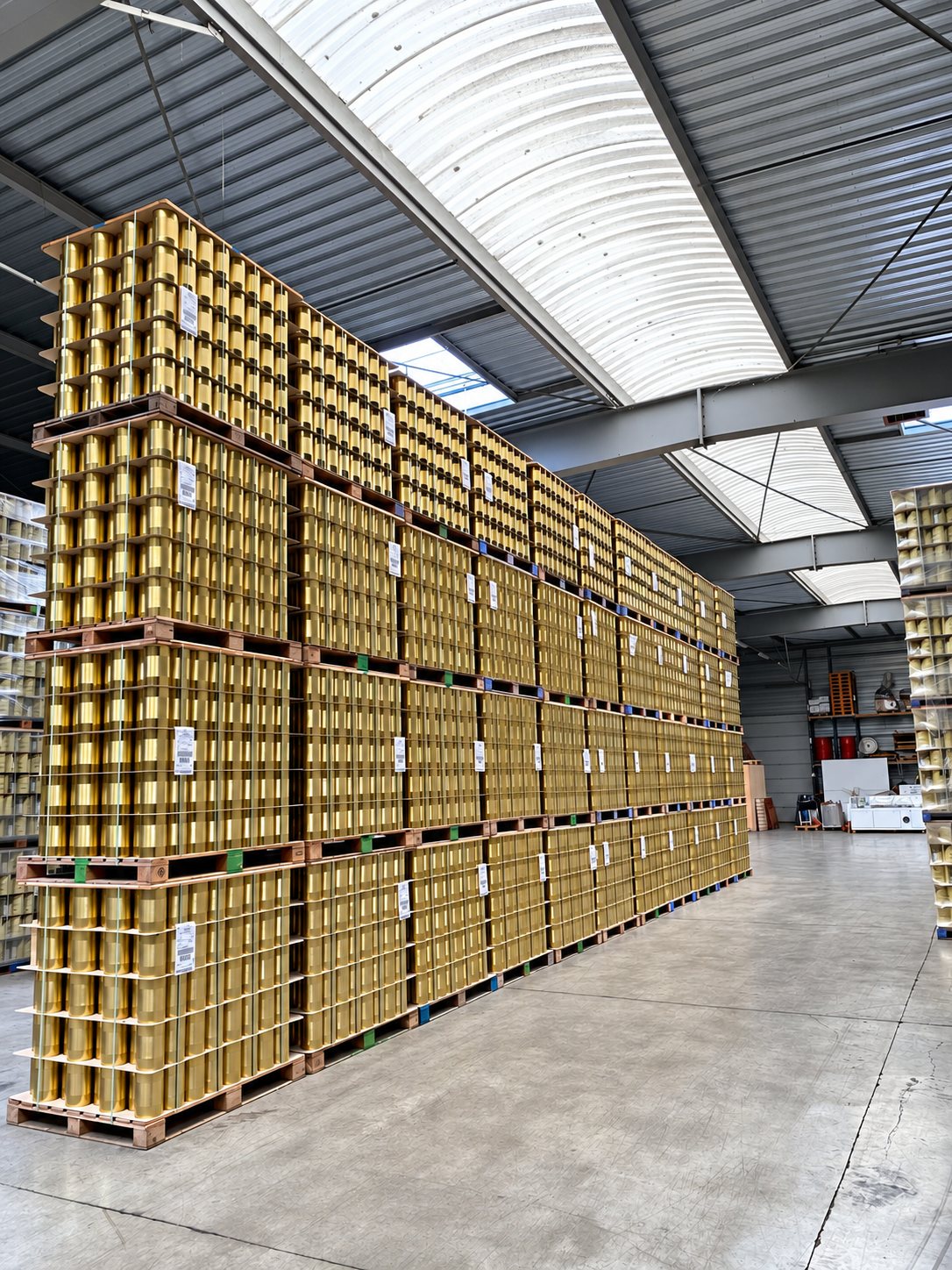 Dans un grand entrepôt, de hautes piles de palettes chargées de boîtes de conserve dorées forment un mur le long d'une allée en béton.
