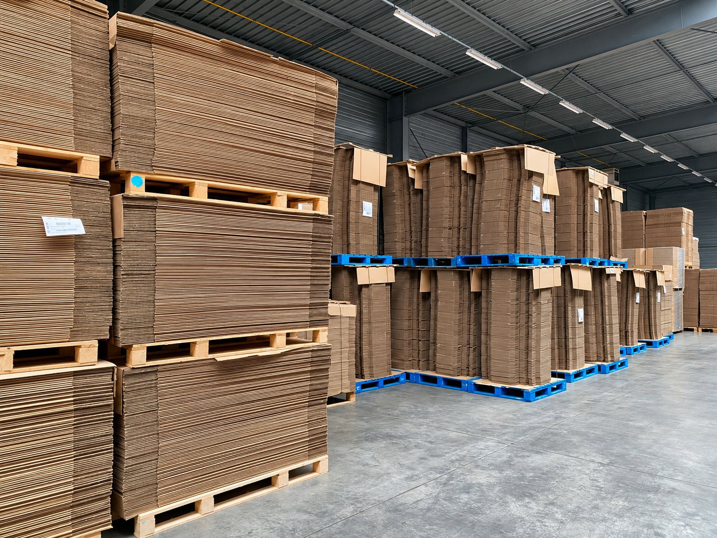 Dans un entrepôt aux murs métalliques, de hautes piles de cartons ondulés à plat reposent sur des palettes en bois et des palettes bleues.