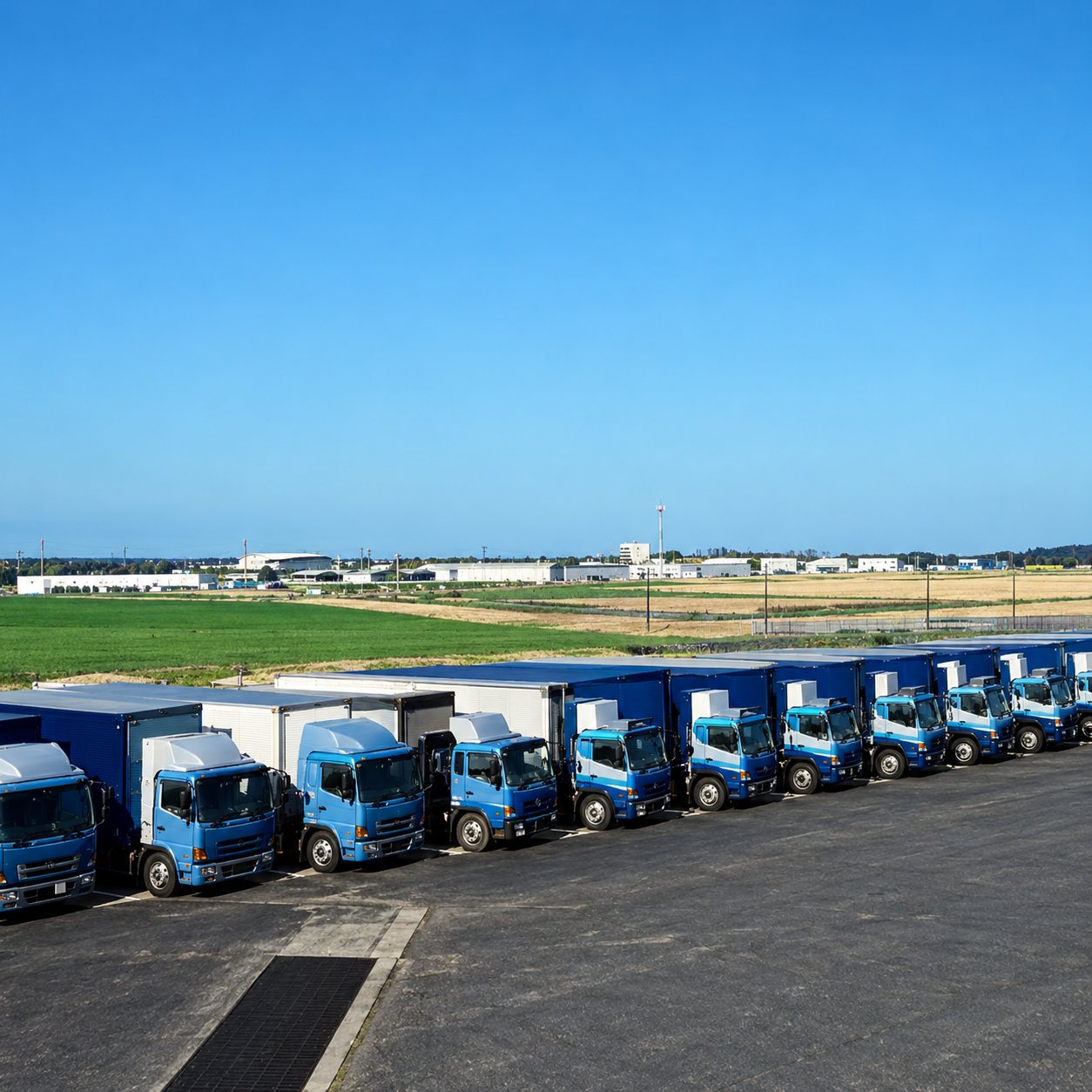 Une longue file de camions bleus et blancs stationnés côte à côte sur une vaste aire goudronnée, sous un ciel dégagé.